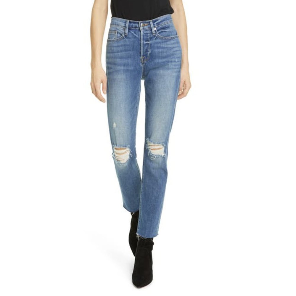 Frame | Le Beau Ankle Straight Leg Boyfriend Jeans In‎ Cleo Rips Sz. 26